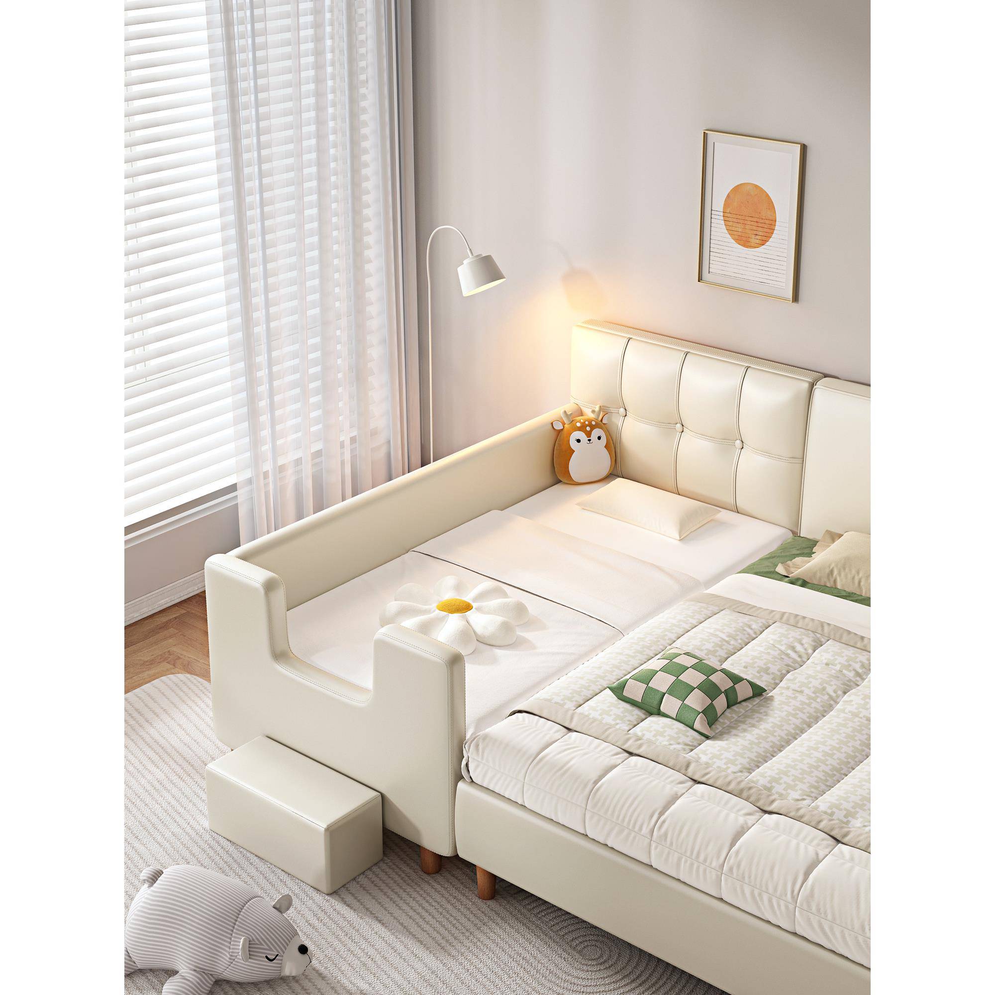 ft奶油风儿床带护小床栏婴童儿男孩女孩主床宝宝F77S6J7M边床加公