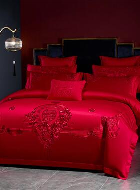 奢A类20支长绒棉全结婚四件套红色轻纯棉0棉刺绣BZY喜被婚庆床上