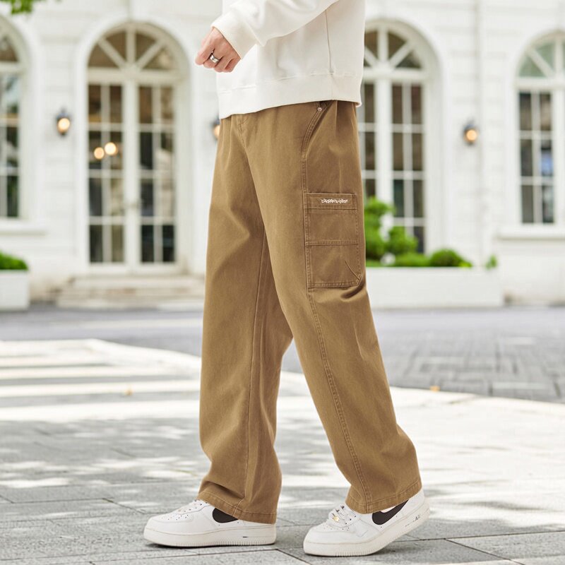 2026春季款卡其色工装休闲裤男士直筒阔腿拖地纯棉长裤