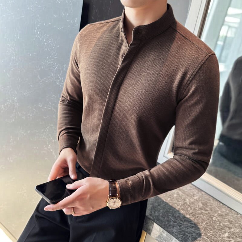 加厚磨毛保暖毛呢衬衫男士立领暗条纹衬衣深灰色