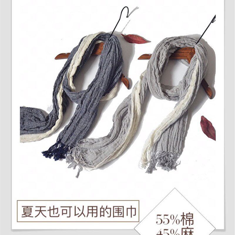 日系小尺寸棉麻褶皱围巾 男女薄款麻花绳状长丝巾夏棉麻布衣配搭