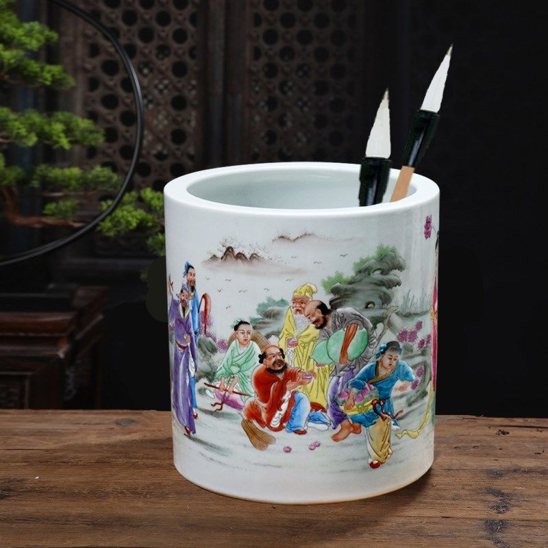 景德镇陶瓷器仿古超大毛笔筒书房收纳粉彩瓷桌面卷轴缸八仙过海