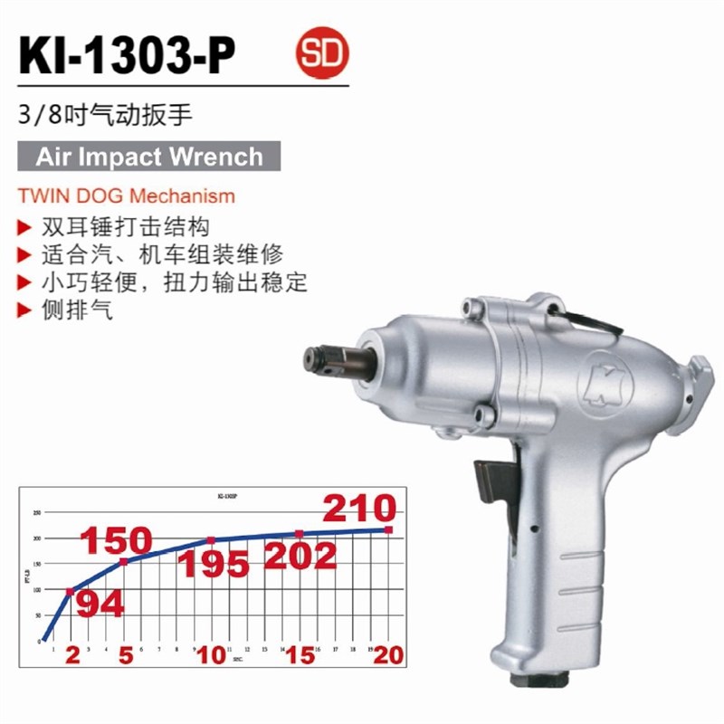 台湾冠亿 3/8DR双锤式枪型气动扳手 小风炮KI-1303-P 163NM