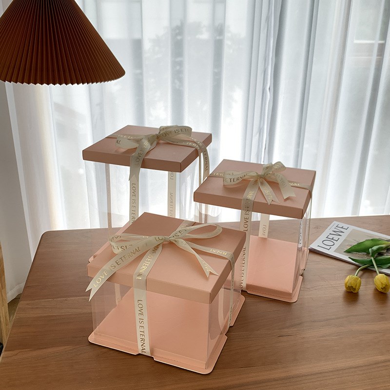 三合一粉色透明盒6寸810单层双层大尺寸烘焙烘培礼品盒现货logo