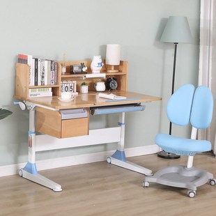 家用可升降式儿童学习桌中小学生多功能写字台实木书架桌椅套装