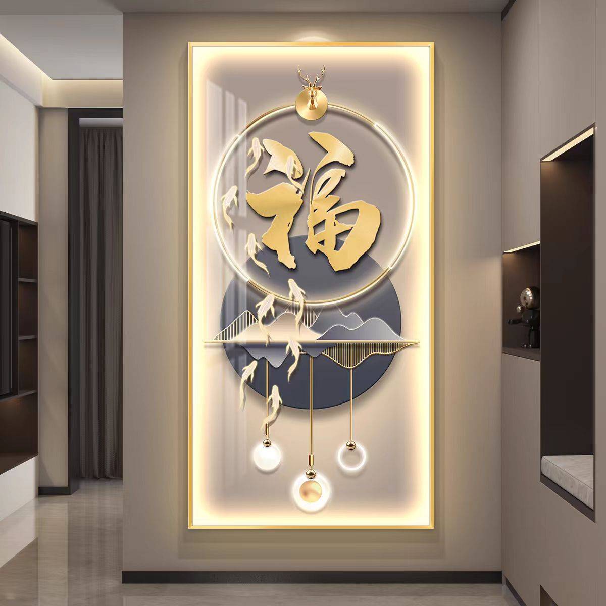 现代简约入户玄关装饰画走廊过道壁画竖版轻奢好寓意晶瓷镶钻挂画图片