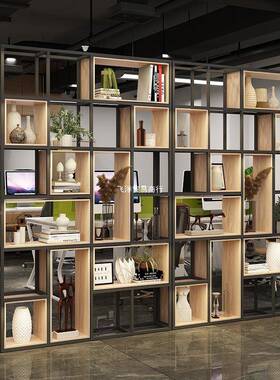 铁书艺隔断置物架业风装饰厅33322工餐厅实木格子架网红客办公室