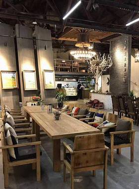 榆木商用民餐桌椅组合实木餐桌方形桌宿复CEI古老做旧茶长桌吃饭