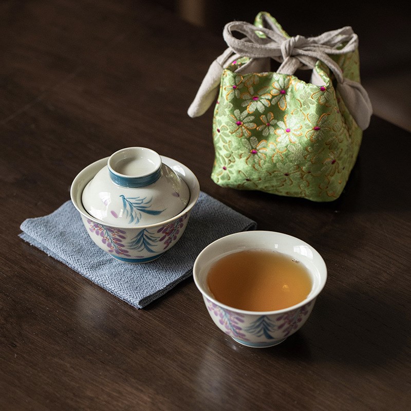 便携茶具一盖碗一杯木槿紫手绘牡丹个人泡茶碗收纳旅行套装快客杯