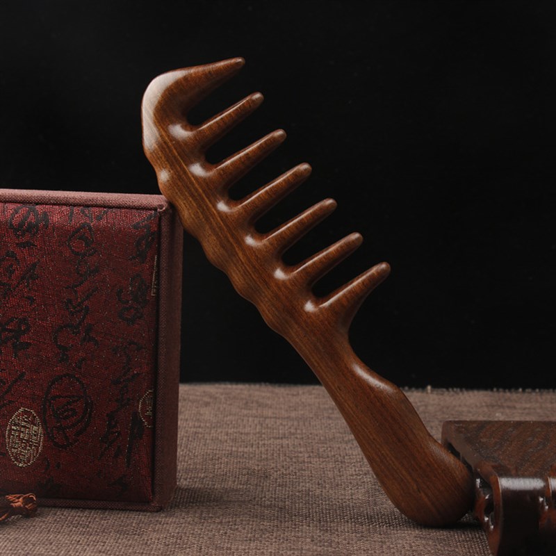 手柄黑檀绿檀头部按摩经络木梳子实木家用 长柄檀香非牛角梳