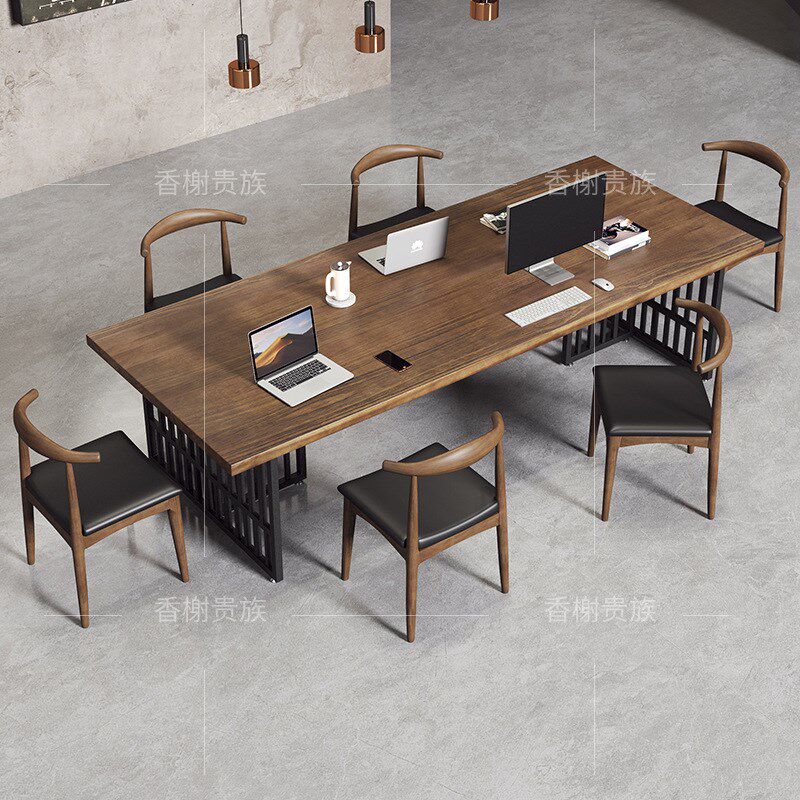 实木会议桌长条桌工业风办公室家具长方形大桌子复古洽谈桌椅组合