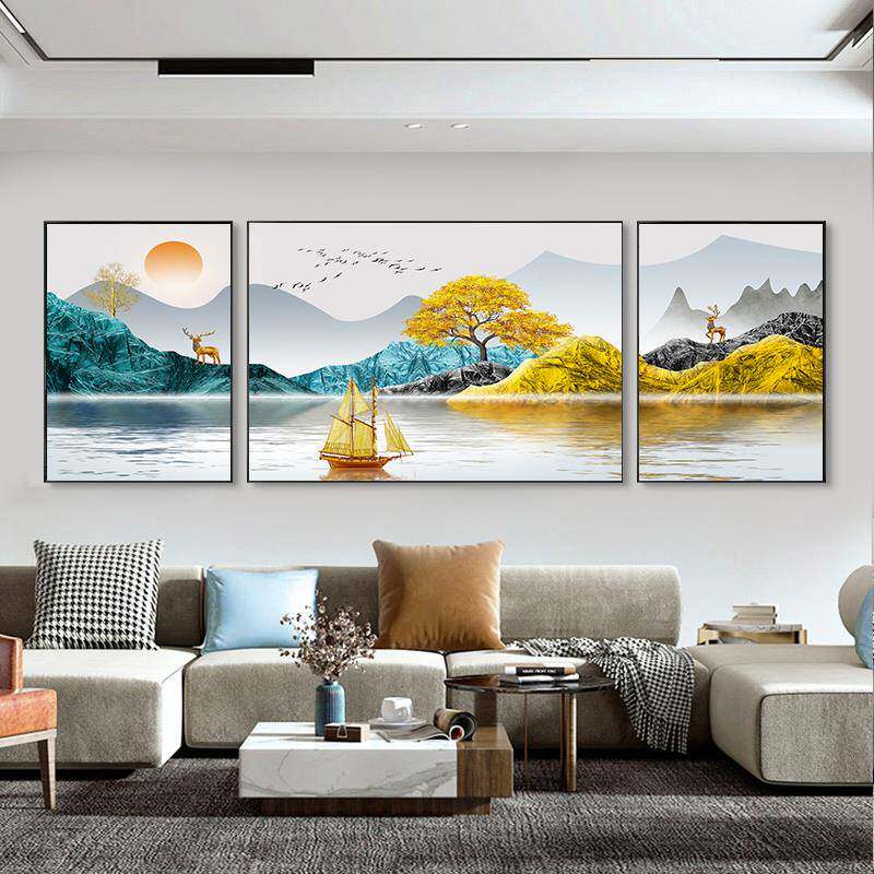 ALI6轻奢三联画字2024款绣十绣线客厅手REK工新自己刺绣山水风景