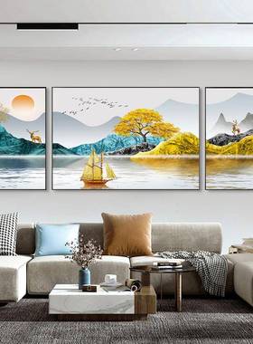 ALI6轻奢三联画字2024款绣十绣线客厅手REK工新自己刺绣山水风景