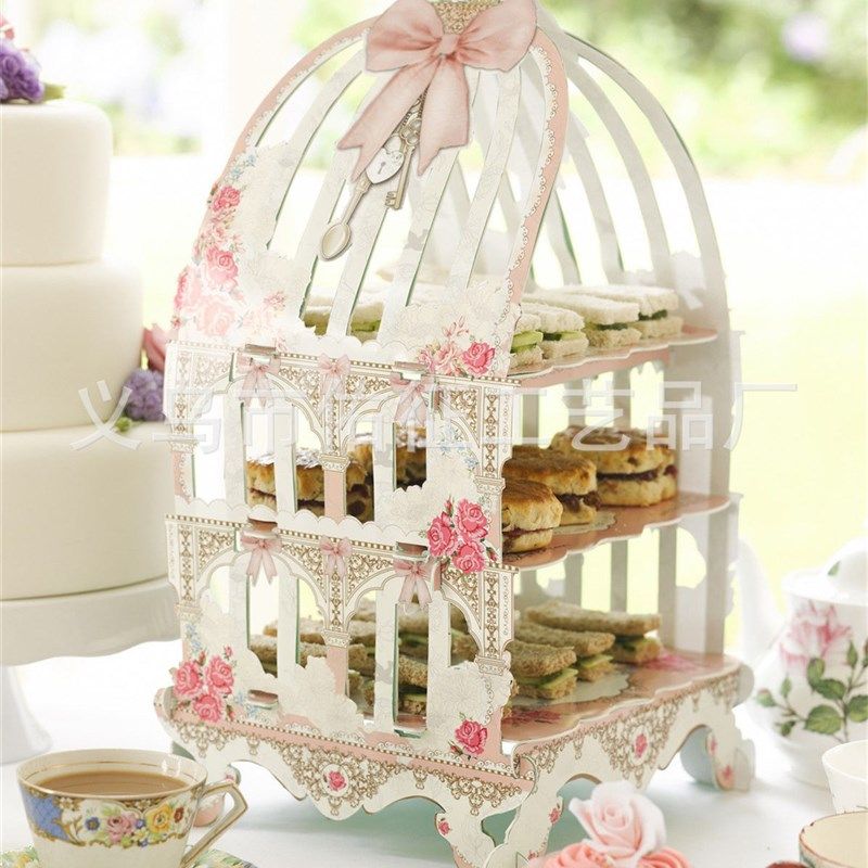 新款婚礼聚会派对蛋糕架子一次性生日三层装饰纸质甜品台点心托盘