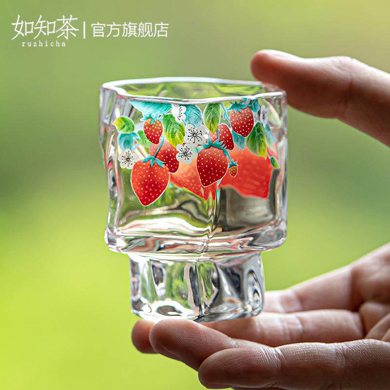 欢喜草莓透明玻璃云川杯主人杯加厚耐热玻璃品茗杯手工贴花喝茶