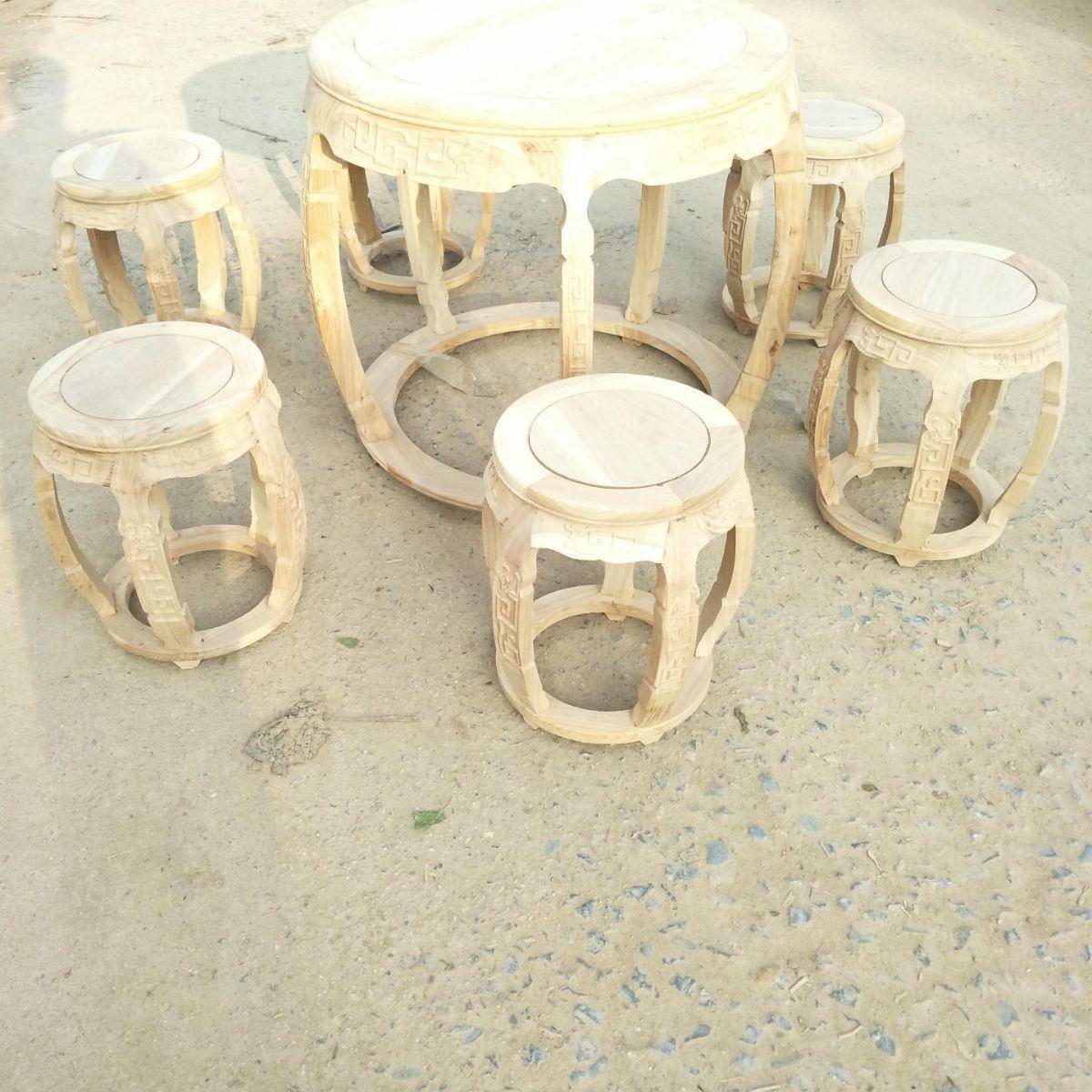 清古质典明老JZI木家具榆仿古木白茬鼓桌鼓凳七件套圆形小木凳子