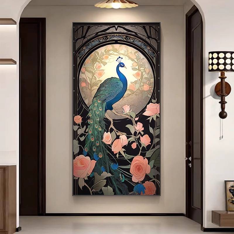 2024新款孔雀图玄关装饰画法式复古入户过道挂画城堡花卉走廊壁画图片