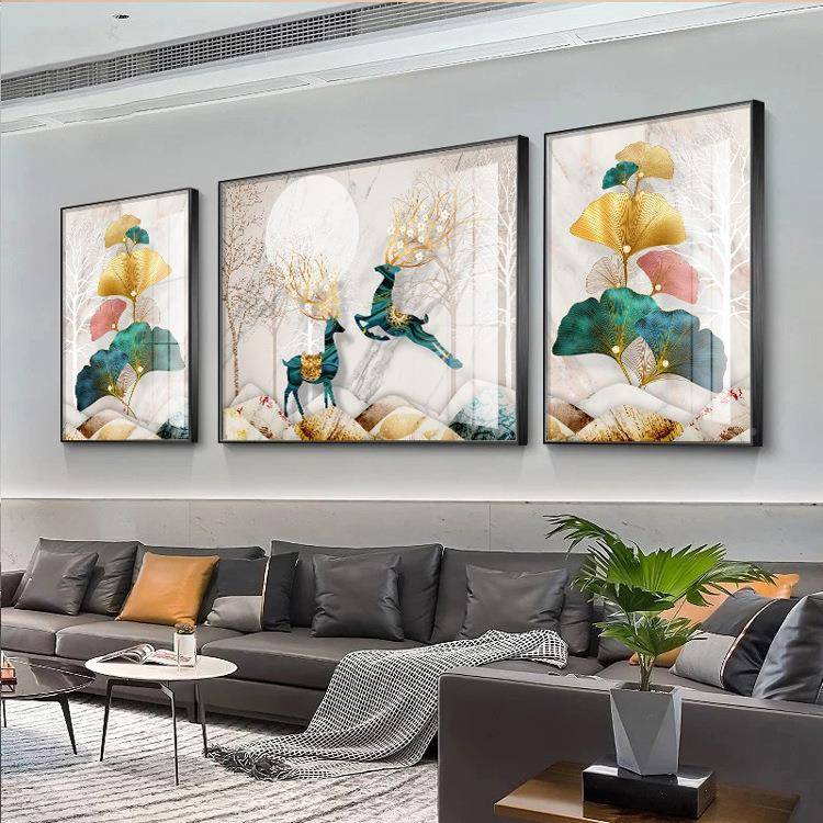 5d单钻石画20ANM25满钻新款三联发财画客厅水鹿晶点砖石贴画简十