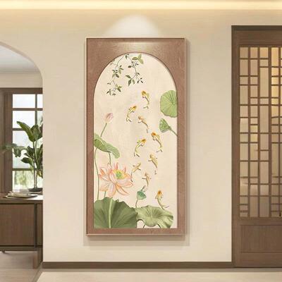 新花中式荷户玄关装饰道画现代九鱼图锦鲤HLH-2410正对门挂画进门