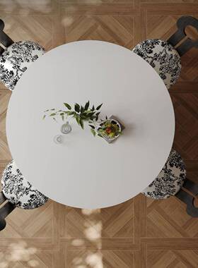 中古风圆形岩板餐桌椅用组合家CZ-83计小户型餐厅饭桌白木蜡皮设