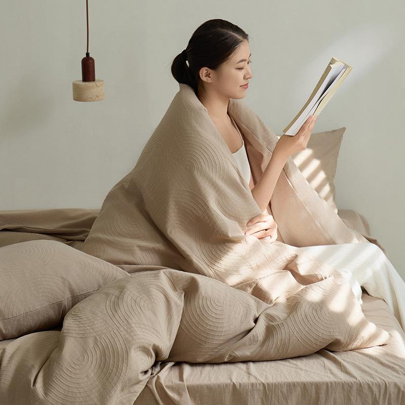 纯棉洗四件套水棉上色织全棉提花床床TUX单被套笠款素色床用品4件