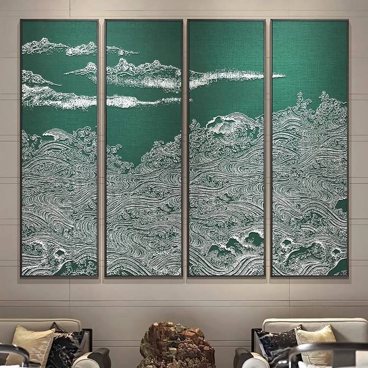 玄关茶室高档浮雕红色壁画客餐厅酒店书房中堂新中式多联装饰挂画图片