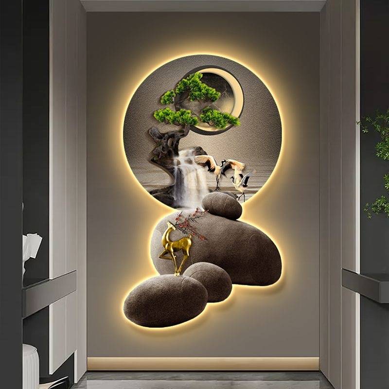 迎客松入户玄关装饰画新中式LED灯画客厅壁画鹿走廊尽头过道挂画图片