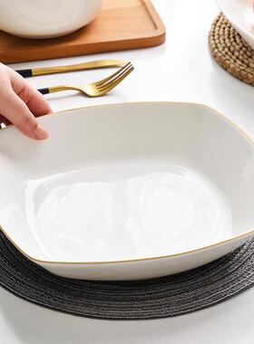 白色F76M6TS8餐具10英寸菜金骨边大盘子家用瓷深汤盘四方形陶瓷子