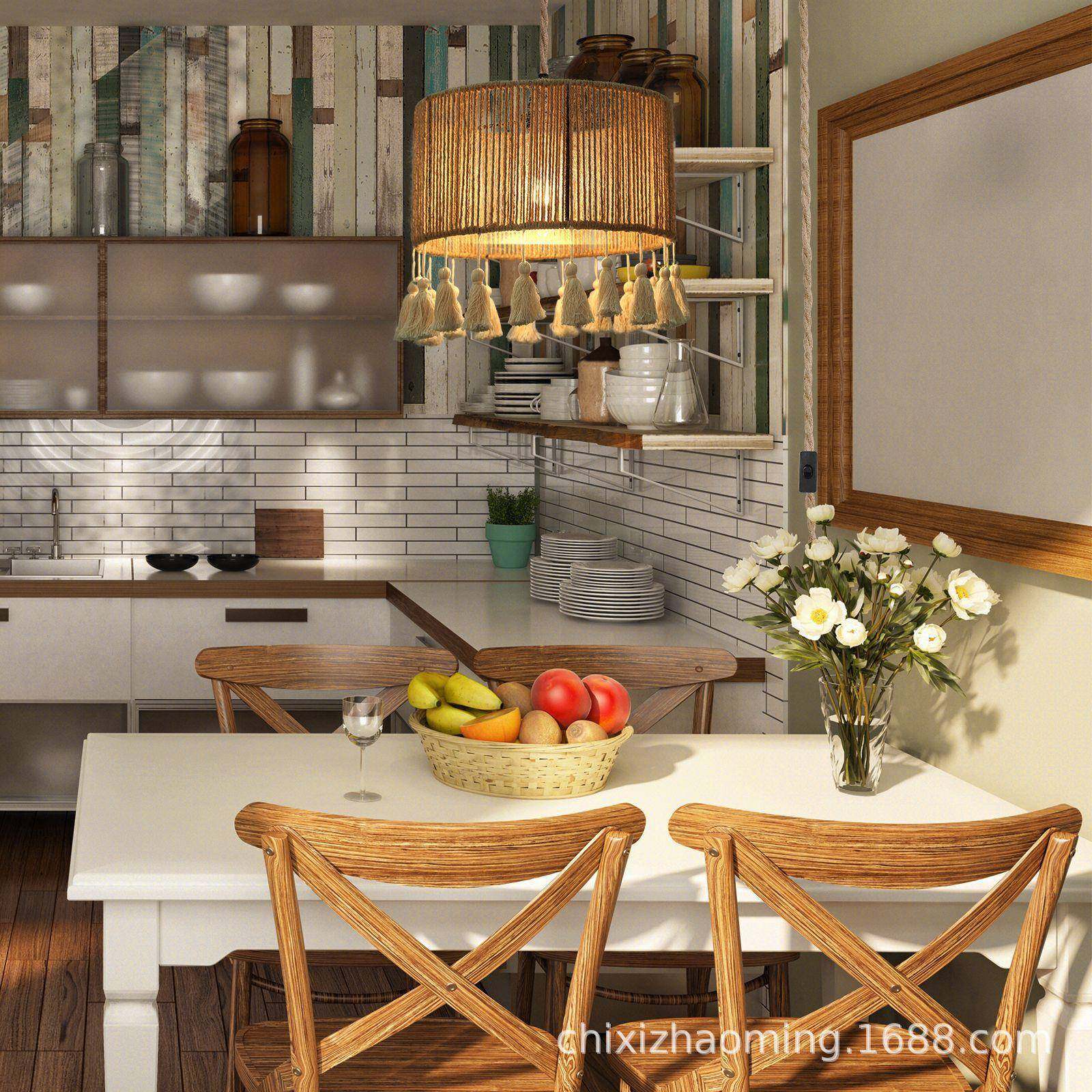 复古吊灯藤艺术麻绳吊灯客厅编主流苏灯罩中灯具藤编灯复无品牌/