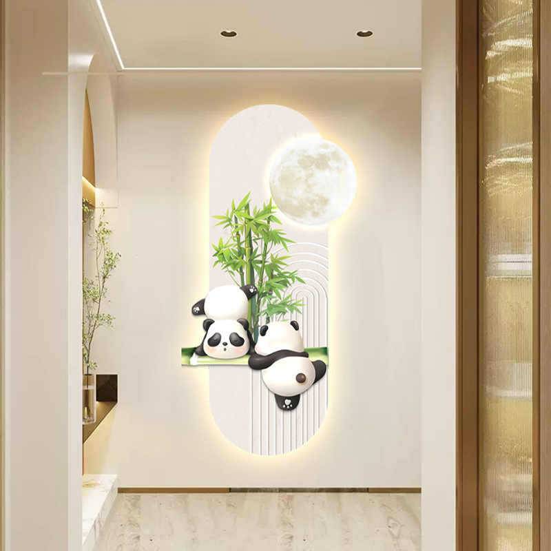 奶油风入户玄关装饰画带灯熊猫走廊过道挂画2025年新款创意氛围画图片