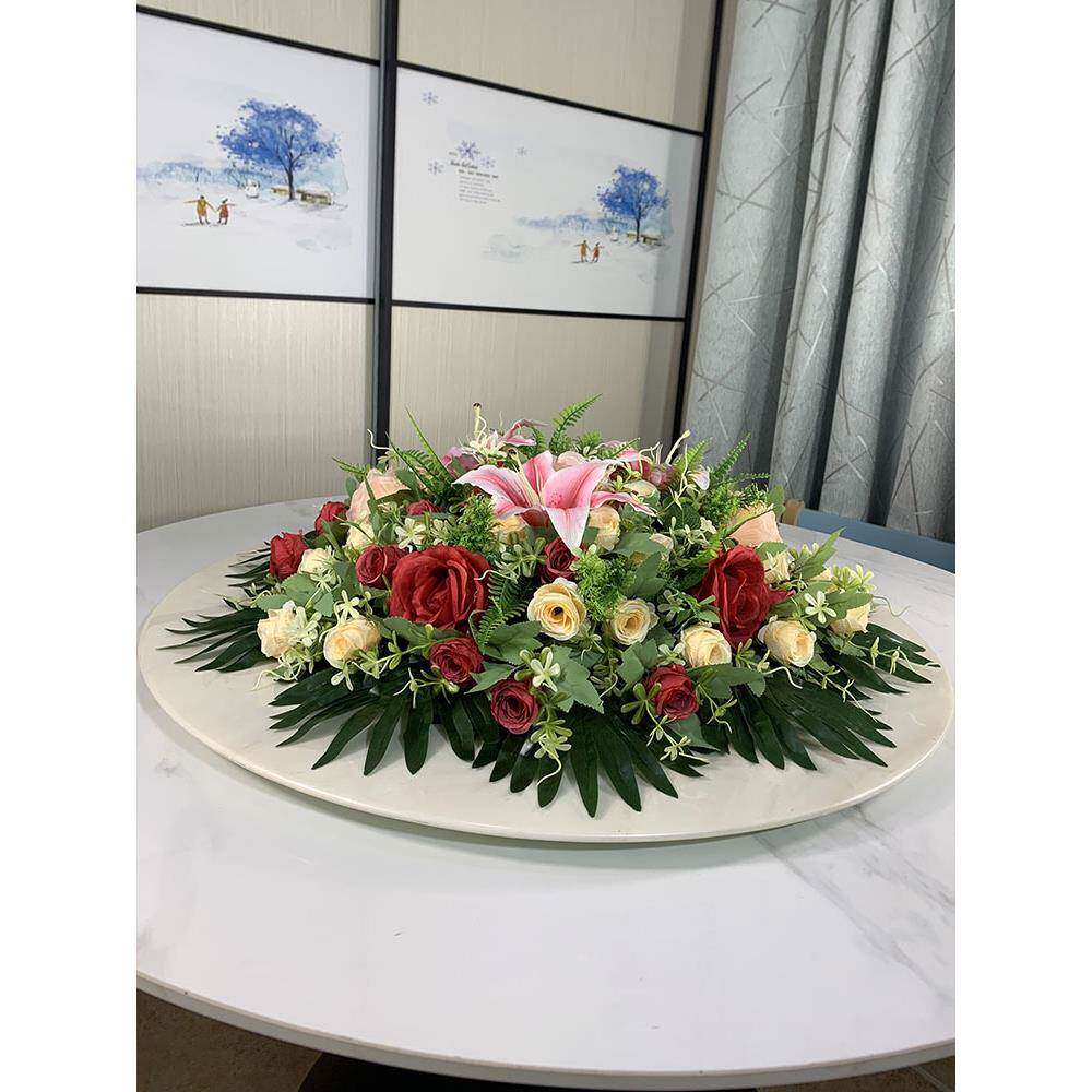 酒店圆桌中间摆花仿真花装饰花假花绢花饭店餐桌转盘桌面摆设花艺