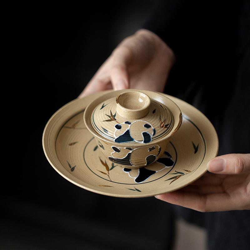 瓷宜室碗茶壶手绘熊猫壶承茶盘中式家用陶盖壶托圆形托托盘IWV茶