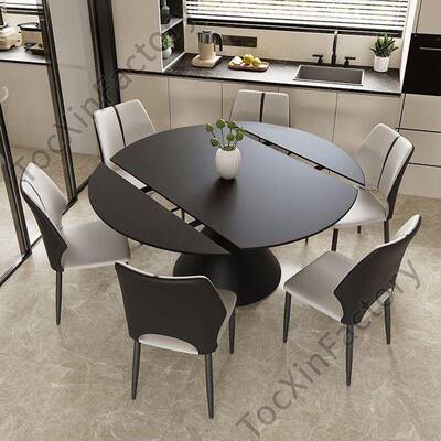 GJP1黑17393色岩板餐桌可小变圆现代简约家用户型方圆两用旋桌转