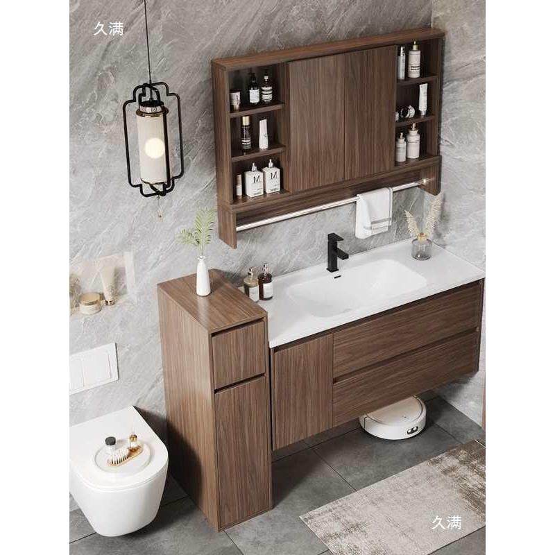 蜂窝铝合金浴室柜陶瓷一体盆中古风卫生间洗漱台镜柜半墙隔断组合