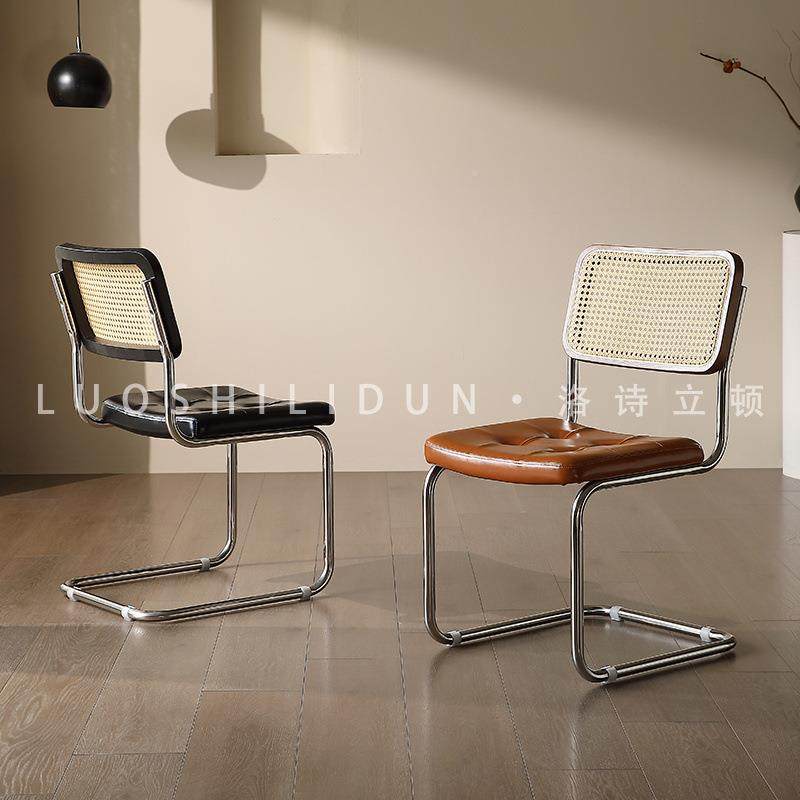 式法式中古藤编椅餐椅家用XYJ意餐桌实木子古瓦西里不锈钢皮凳复