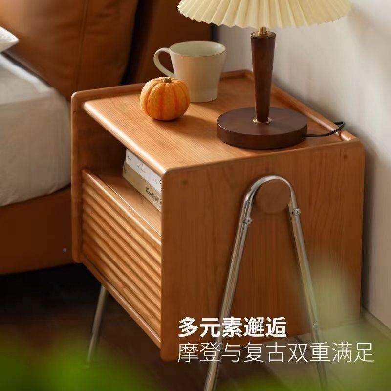 实木木不锈钢脚迷你床头柜纳0206复古樱桃床风边柜小户型中古卧室