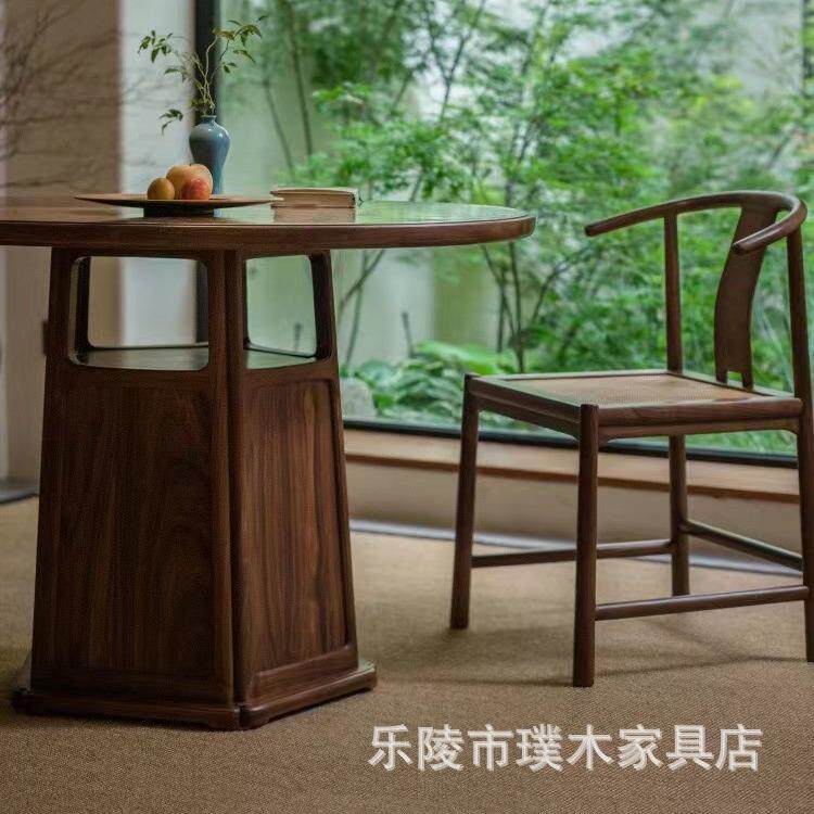 新中家式奢黑CPS餐胡桃木实木圆形桌椅组合圆桌轻吃饭桌子用