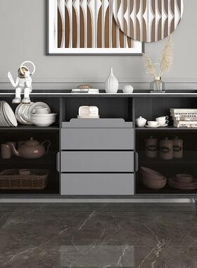 法式门复餐古岩板实木边柜钢化玻璃酒柜奢茶水柜LXF厨房碗柜轻储