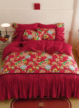 中风大红色结婚四件套YM101710支长国绒棉东北大花8袄数码印花被0