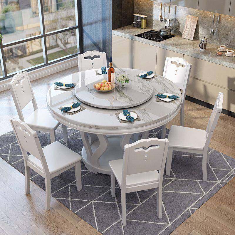 大理石餐桌椅组式合全实转木圆用形极简圆桌带盘中家酒AMC店大圆