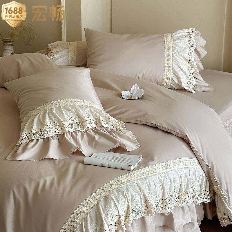 奈德里法式主镂花边全棉公四件套纯棉空用GY-0610-床裙被套浪漫轻