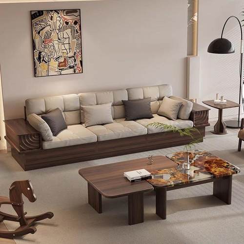 中式极人简FPS客厅大小户艺型直排高箱储物沙发三四位新实木布皮