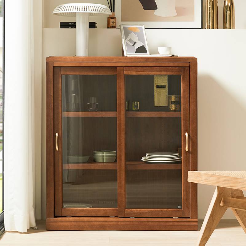 3Y实木推拉门书柜带玻璃门防尘美式组合书架落地客厅储物柜收纳展