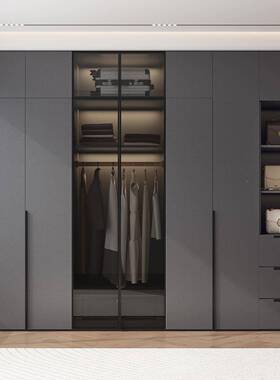新款简玻璃门衣柜卧室家用灰色极奢衣櫃组合平开门六四WY808#/8门