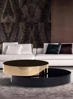 客小厅用现代奢轻黑色极简创意旋转伸缩不锈钢玻璃JFG大圆家茶几