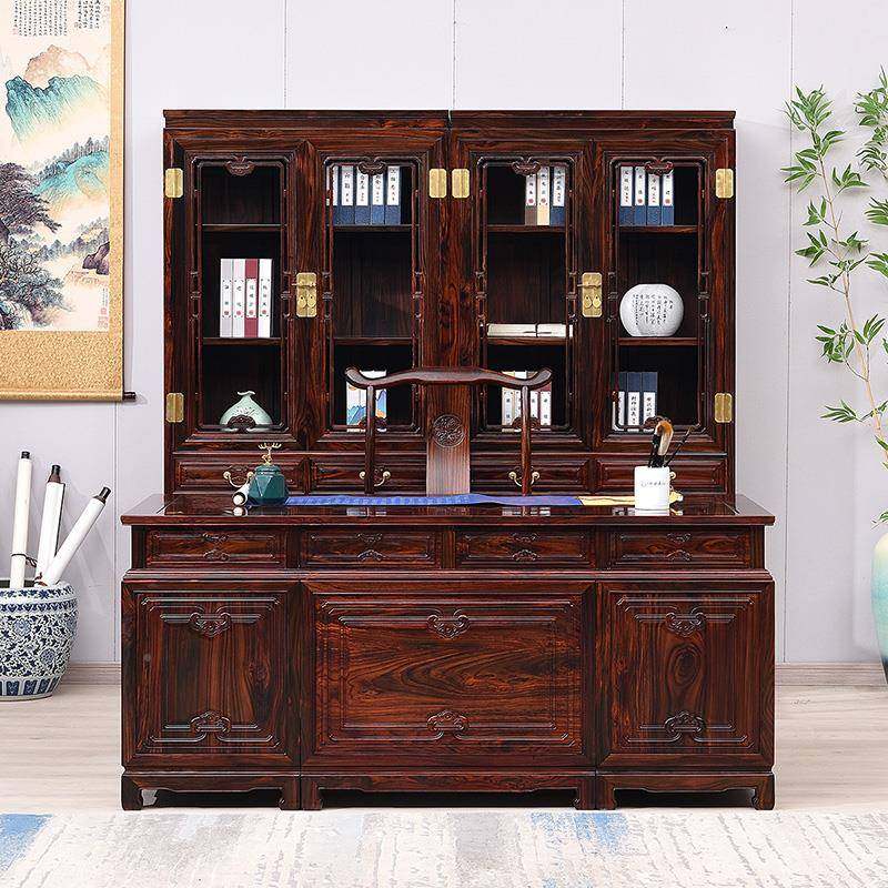 家具叶黄檀书桌MBB书架一体中式实台木办阔公桌组通合老板桌班绢