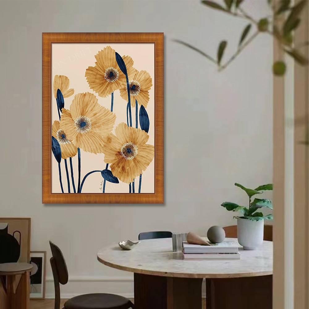 虞美人花卉抽象线条人物艺术装饰画竖版实木装饰画餐厅玄关挂画