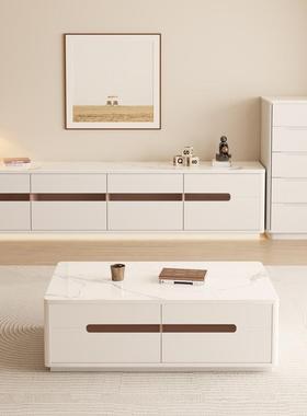 合新款全实木岩板柜双层落BLS地茶几电视组现代简奶约小户型客厅