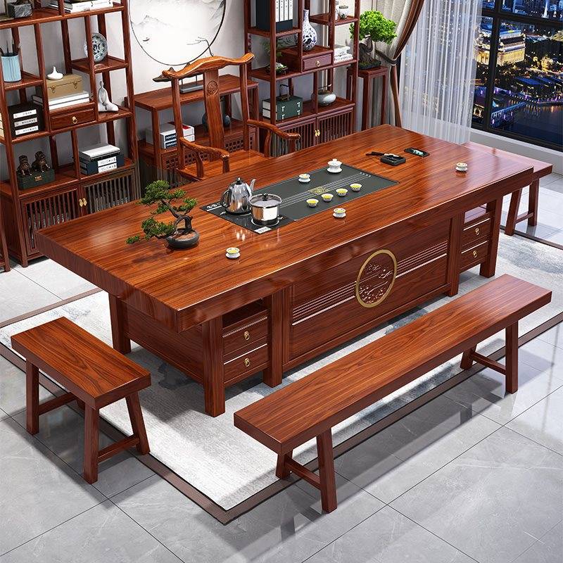 大板茶桌椅组合一桌五椅办公室实木茶几储物客厅家用新中式泡茶台