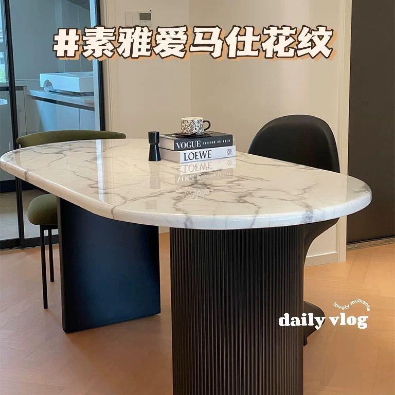 法式大理石家餐桌奶油桌风全托底板大无品牌/理石餐复椭圆形饭桌